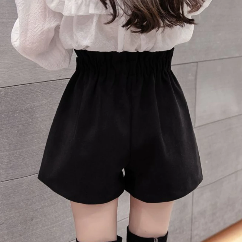 Black Woolen Shorts Women Chic Folds High Waist Design Loose Autumn Winter College Vintage Streetwear Lovely Female Classy Basic