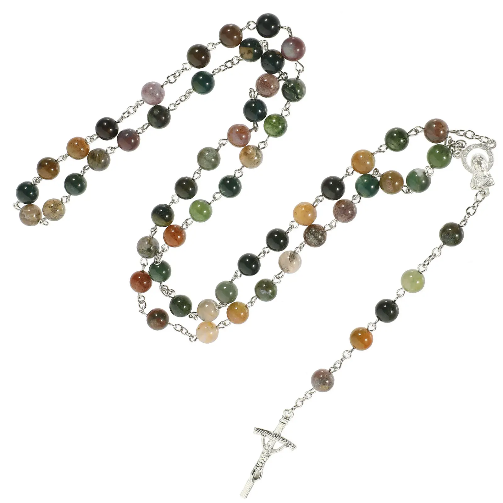Agate Adjustable Rosary Necklace with Crucifix – Catholic Faith Jewelry, Trendy Summer Party Gift
