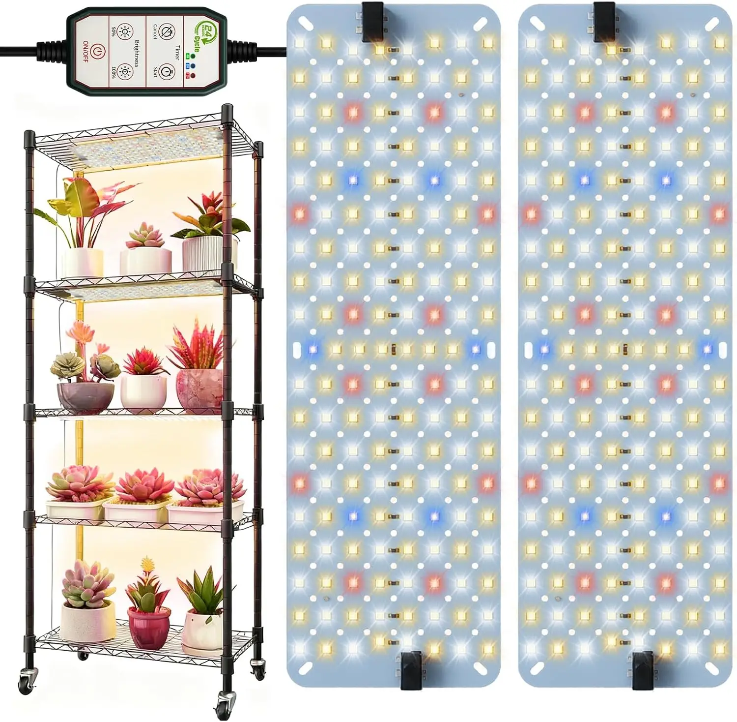 led-2-4ヘッド-24v-パネルled育成ライト-フルスペクトル調光可能-4-8-12時間タイマー-フラット植物育成ランプ-室内植物苗花用