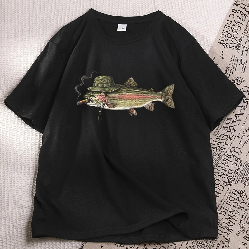 Funny Trout Fishing T-Shirt Fish Smoking Hat Angler Tee Graphic T Shirts Woman Man Designer High Quality Tshirt Summer Clothing