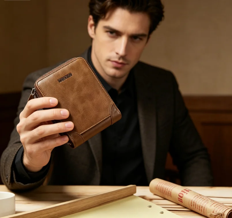 Men's Small Wallet Handbag Zipper Multi-Card Slot Clutch Bag Simple Design Leather Business Elite Style Waterproof Wear-Resis 가방