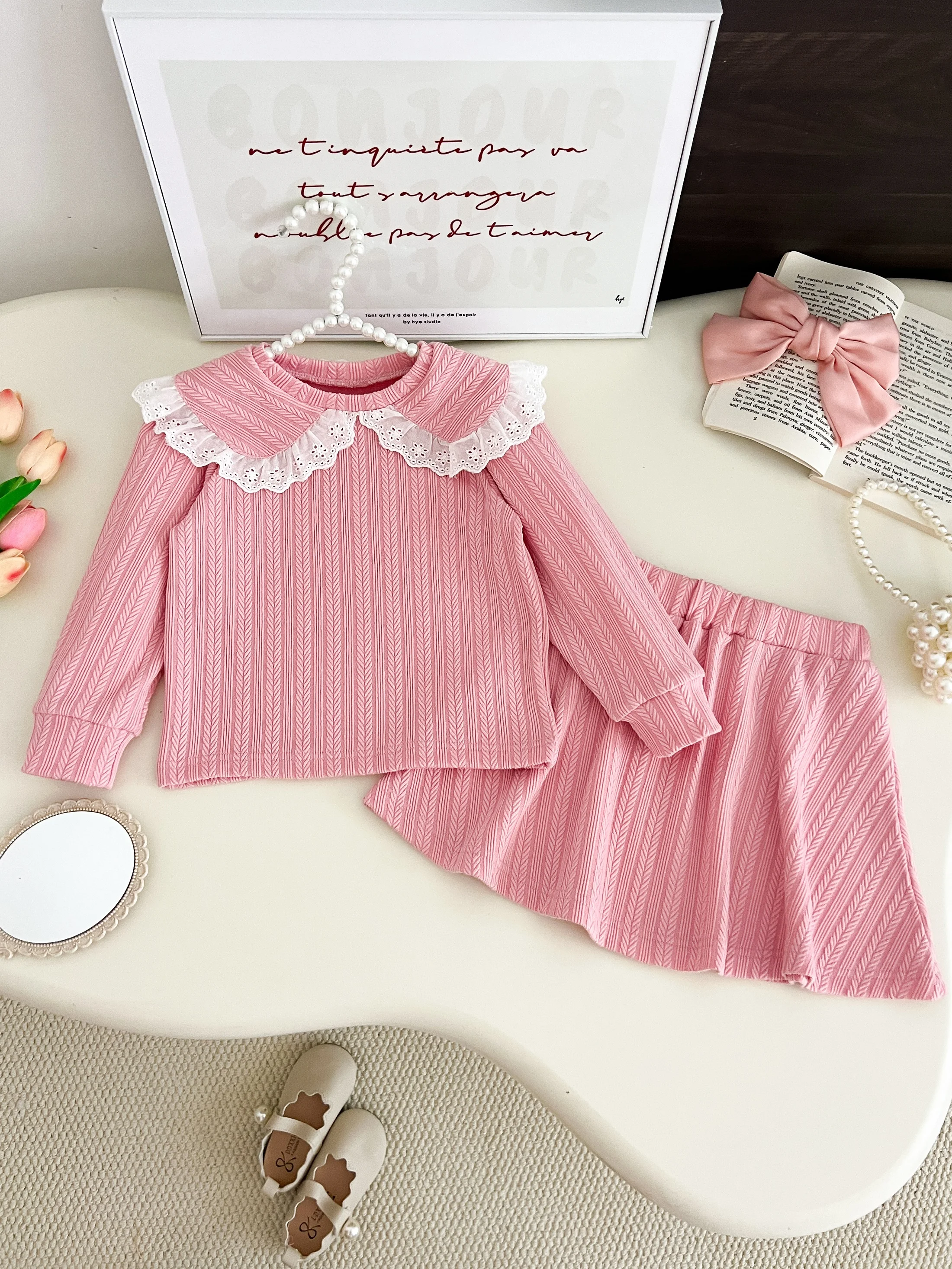 الفكاهة الدب الأطفال ربيع الخريف موضة جديدة الزي كم طويل بلوزات + تنورة قصيرة 2 قطعة مجموعة 3-7 سنوات الفتيات ملابس كاجوال #1