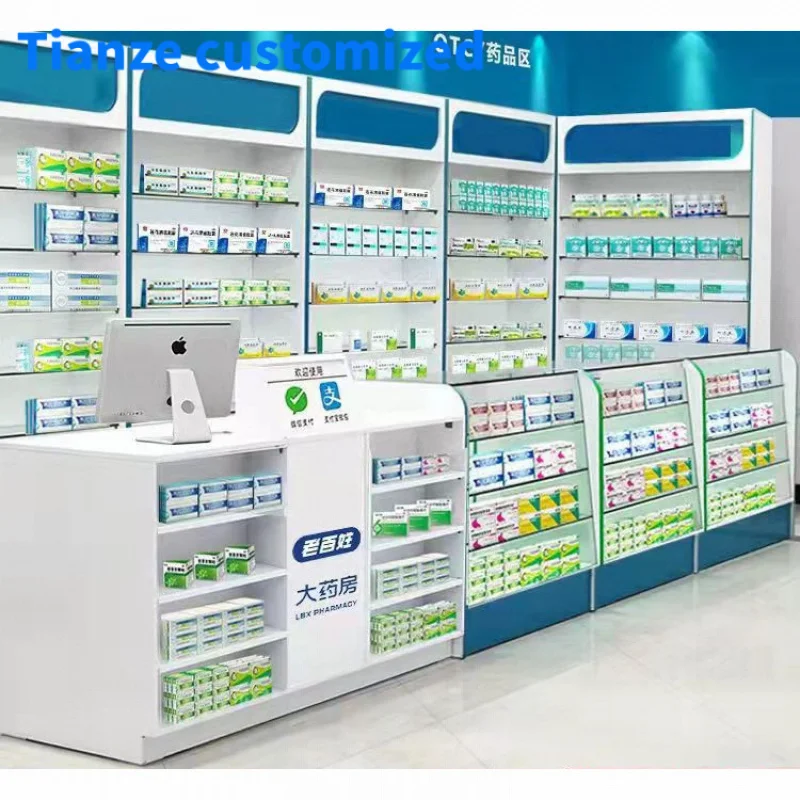 

（customized）Factory Wooden Glass Pharmacy Display Shelves Pharmacy Cabinet Retail Pharmacy Shop Furniture Medical Store