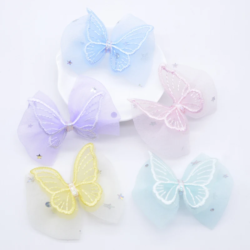 10Pcs 60*50mm Double Butterfly with Mesh Bow Tie Appliques for DIY Clothes Hat Sewing Patches Headwear Hair Clips Accessories