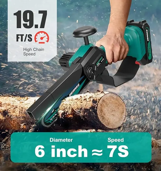 Mini Chainsaw Cordless, 6-Inch Portable Electric Chainsaw with Security Lock-Handheld Small Power Chain Saws 2 Battery Powered