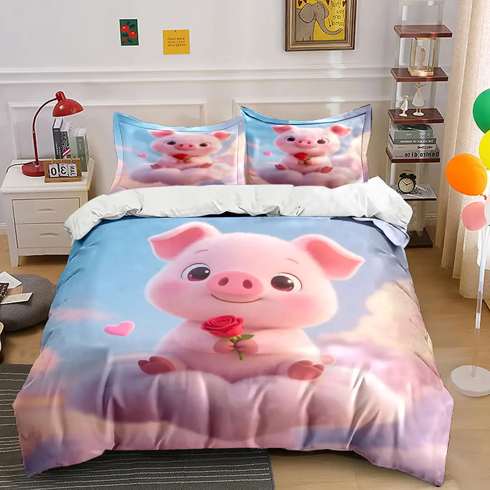 Adorable pink pig holding rose on cloud Printed Duvet Cover Set1 Duvet Cover+2 PillowcaseMulti Size Bedroom Bedding Decor
