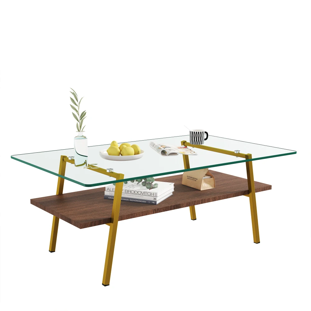 Rectangle Coffee Table Tempered Glass Tabletop with Gold Metal Legs Modern Table for Living Room Transparent Glass