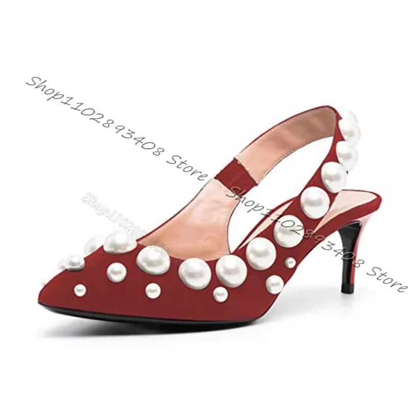 Red Pearl Decor Slingback Pumps Flock Kitten Heel Wedding Shoes Fashion Party Women Shoes Elastic Band Pumps Zapatos Para Mujere