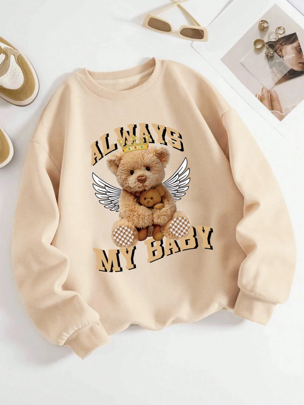 Always My Baby Sweatshirts Womens Angel Bear Printing Hoodies Crewneck Loose Fleece Warm Tops Autumn Comfortable Woman Clothes