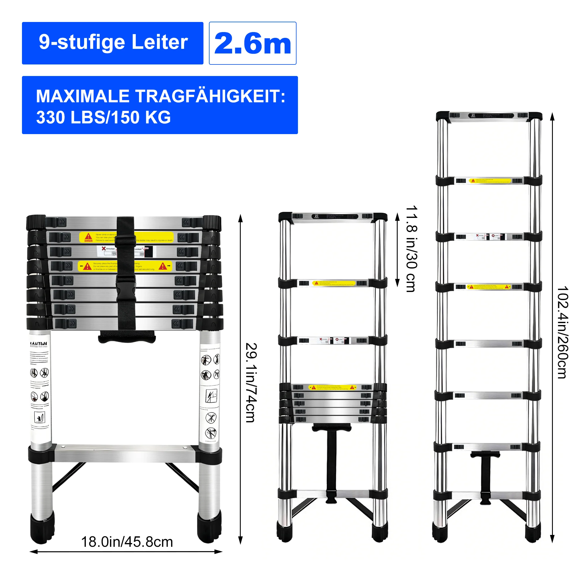 BRSTHECO 2,6/3,2/3,8/4,4/5,1/6,3 m telescopische roestvrijstalen ladders, opvouwbaar, capaciteit van 150 kg, kamerdecoratie