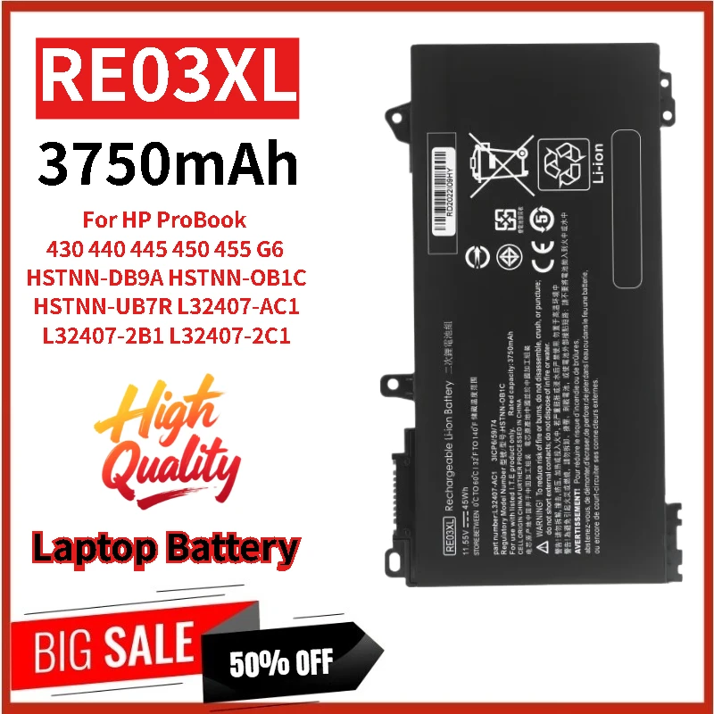 

High Quality RE03XL Laptop Battery 11.55V 3750mAh for HP ProBook 450 455 430 440 445 G6 G7 Brand New Replacement Battery