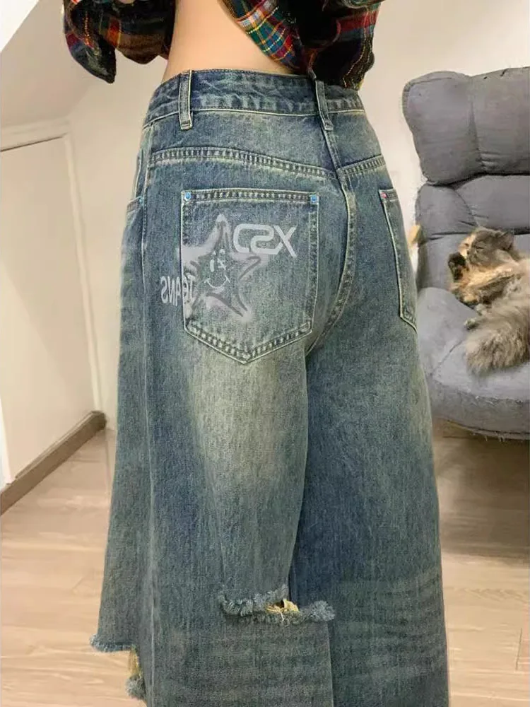 

High Waist Wide Leg Denim Jeans Women's Ripped American Sle Vintage Spring Design Loose Fit Floor Length Trousers