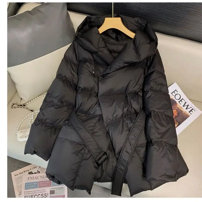 2025 New Design Sense of Mid-length Solid Color All-in-one Waist Slimming Cotton-padded Jacket Brown Hooded Bread Dress Winter