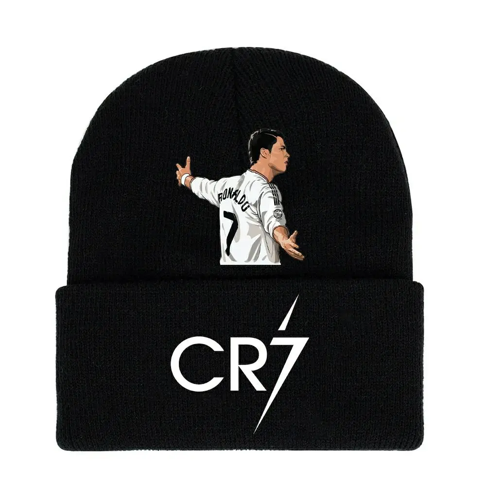 كرة القدم كريستيانو رونالدو CR7 مطبوعة محبوك قبعة سوداء الخريف/الشتاء عادية الرجال والنساء نزهة يومية تنوعا قبعة دافئة