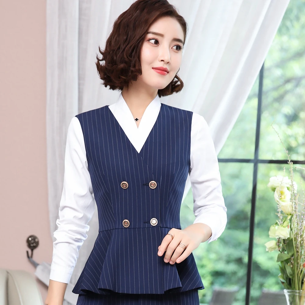 Korean Style Uniform Work Wear Suits with Jackets and Skirt Novelty Navy Stripe, Professional Office Uniforms for Business Women