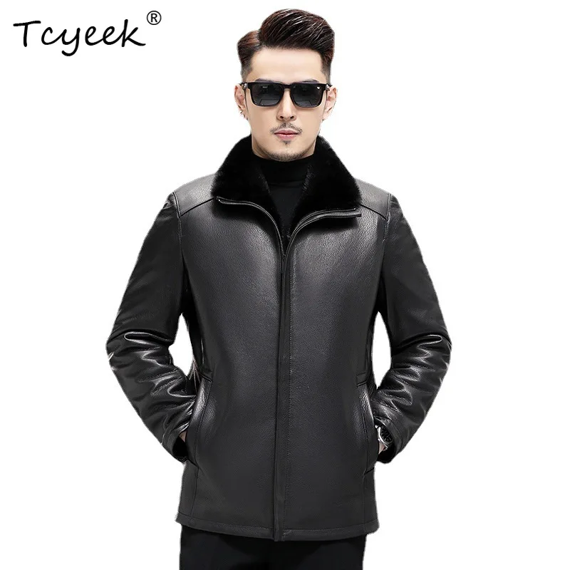 

Tcyeek Top Layer Goatskin Autumn Winter Lapel Mink Inner Tank Black Men's Genuine Leather Jacket Jaquetas Masculino 가죽자켓