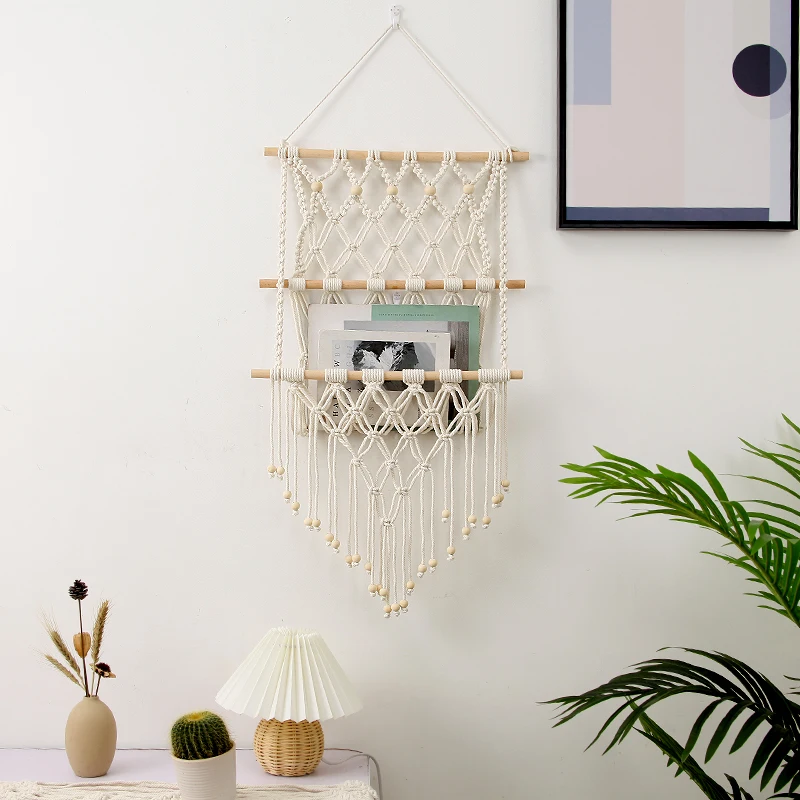Woven Magazine Storage Rack Plant Wall Decor Cotton Rope Net Pocket Shelf Nordic Style Rectangle Shape Home Decor Wall Hanging