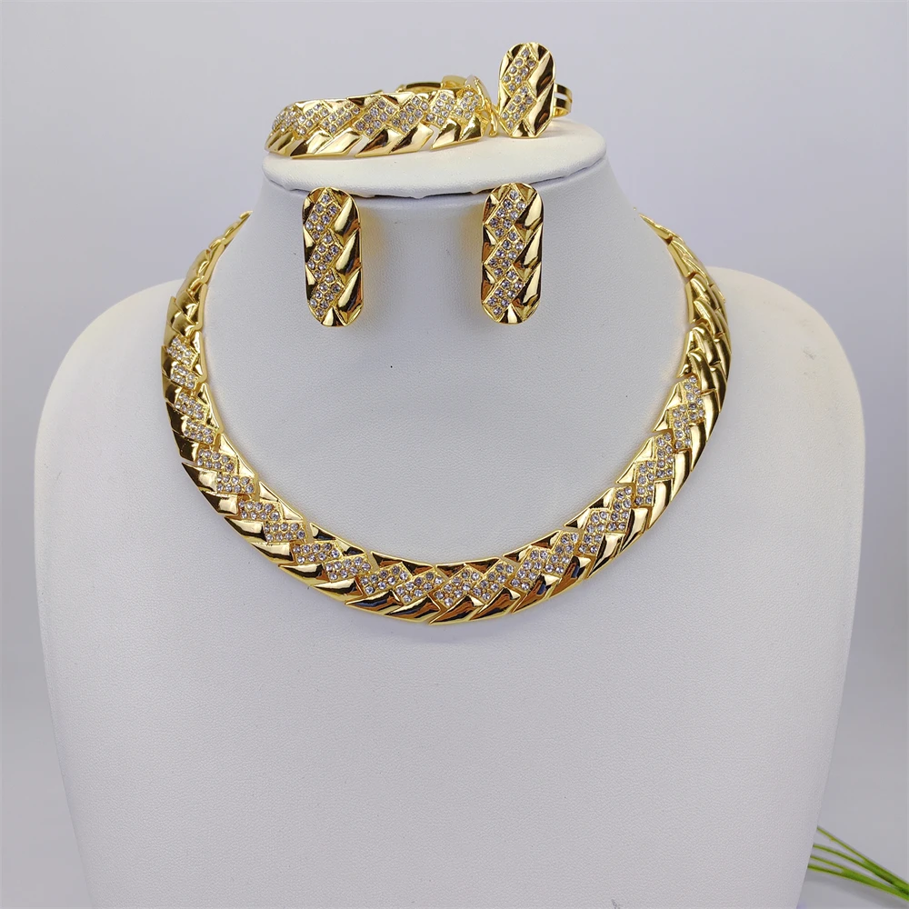 ESALE Italian Wedding Jewelry 4 Pcs/Set Luxury 18K Gold Color Collar Necklace Earrings Ring Bracelets For Bridal Gifts African