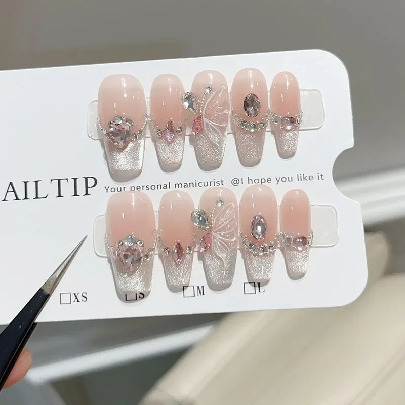 10 adet pembe balerin el yapımı parlak suni elmas kelebek fransız gümüş kedi göz ile çivi basın tam kapak tırnak manikür İpuçları