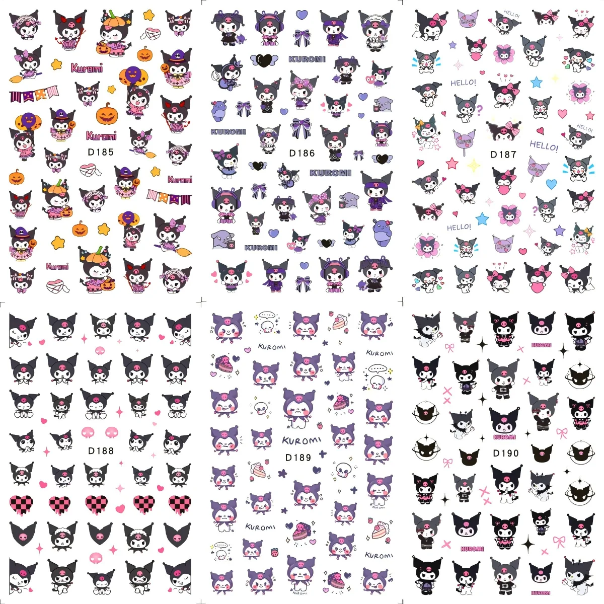 6PCS 3D Cute Hello Kitty Kuromi Nail Stickers Nail Art Accessories Sanrio Anime Nail Art Decals Nail Sliders Press on Nails