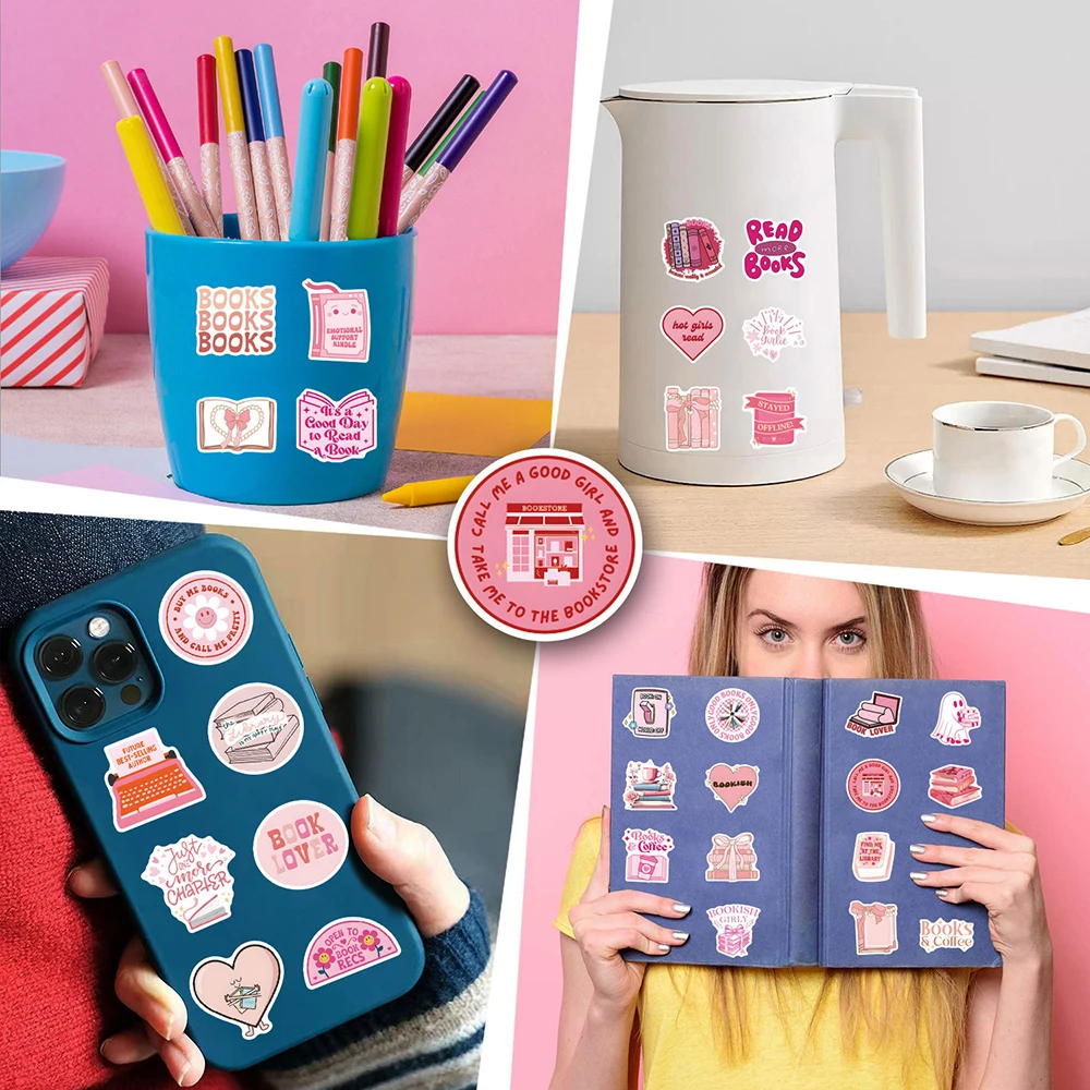 10/30/60pcs Cute Pink Bookish Stickers Reading Book Cartoon Decals DIY Scrapbook Laptop Phone Luggage DIY Toys Decoration Gift