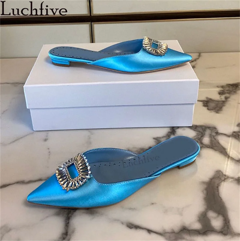 

New Satin Flat Mules Slippers Women Pointy Wrap Toe Crystal Buttons Embellish Luxury Brand Slippers Summer Sexy Party Shoes