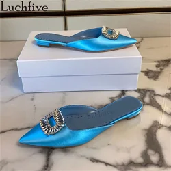 New Satin Flat Mules Slippers Women Pointy Wrap Toe Crystal Buttons Embellish Luxury Brand Slippers Summer Sexy Party Shoes