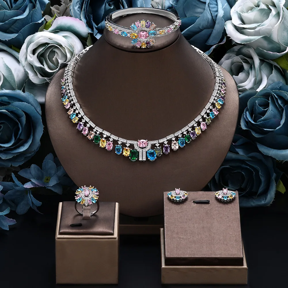 Women Bridal 4Pcs Jewelry Set Copper Micro Inlaid Colorful Full Zircon Necklace Earrings Ring Bracelet Evening Christmas Gift