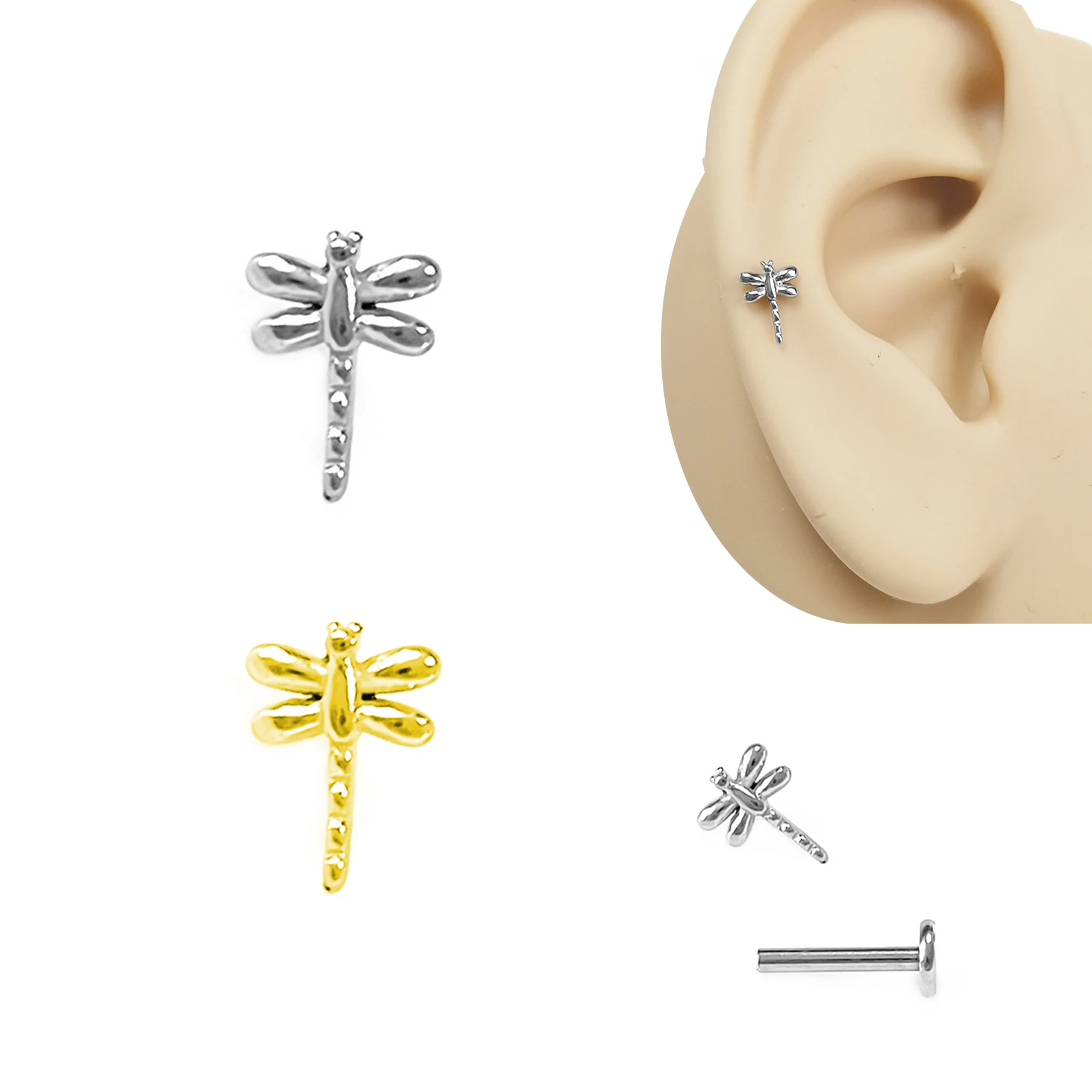 Tiny Dragonfly Labret  Piercing Cartilage Stud Tragus Conch Earrings Internal Thread 100% 316L Stainlesss Steel Body Jewelry