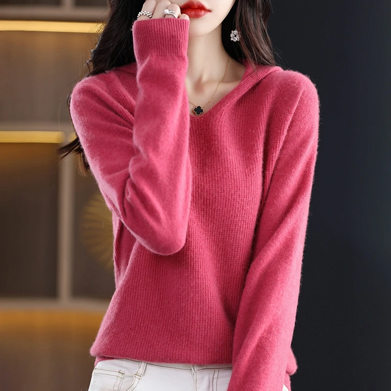 

Women V-neck Cashmere Sweater Autumn New Fashion Hooded Seamless Thin Knitwear Female Loose Pure Color Bottoming Woolen Sweater