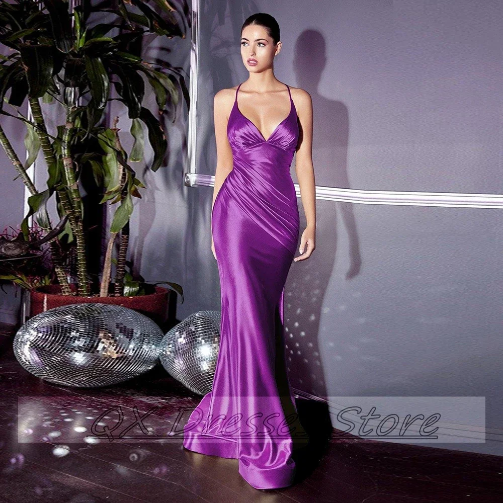 Personalizado sexy roxo formal vestido de noite 2022 nova cinta de espaguete cetim e plissado sereia até o chão baile sem costas festa g