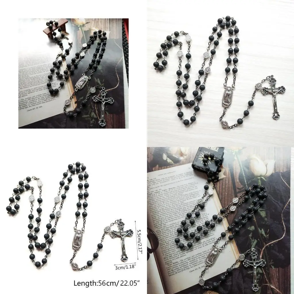 L9BE Rosary Beads Long Necklace with Jesus Christ Crucifix for Cross Catholic Prayer Pendant Party Gift for Men Women