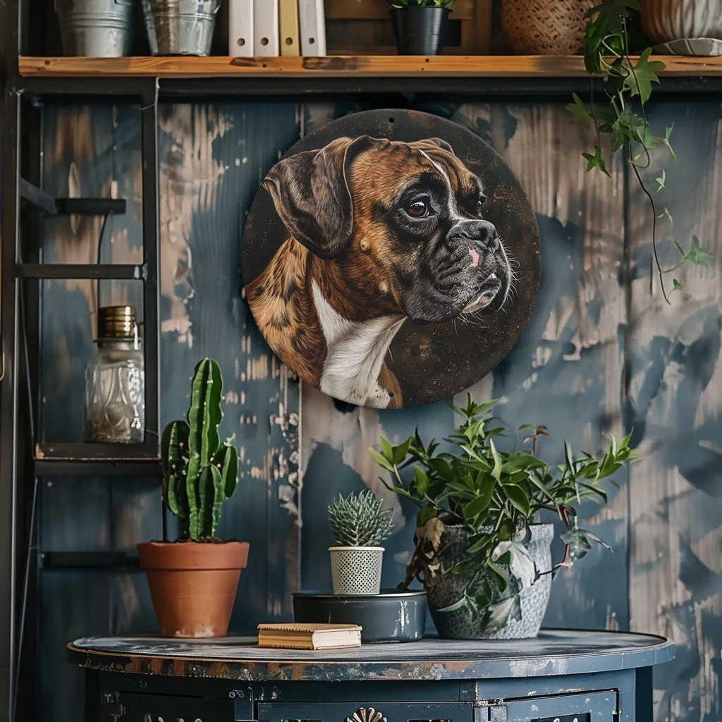 Aluminum Boxer Dog Round Wall Art, Weather-Resistant Metal Sign for Home Decor, Ideal for Man Cave, Office, and Celebrations lik