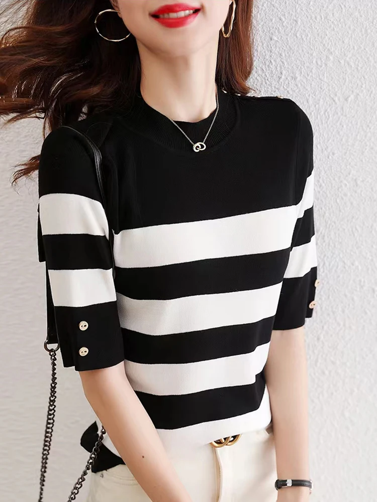 New Striped Sweater Summer Thin Button Up Top Women Clothes Black Ladies Knitted Tops Short Sleeve Pullover Sweater Mujer 2022