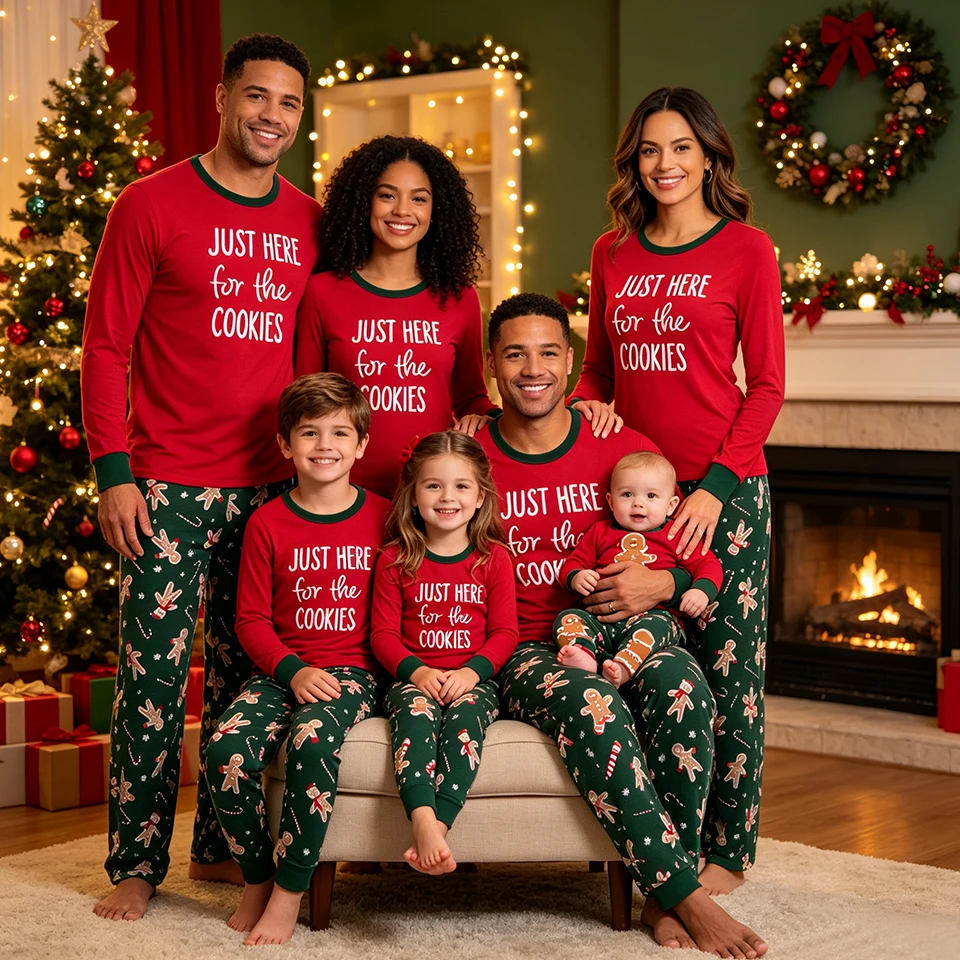 Unisex Adult Children Infant Christmas Family Matching Outfits Gingerbread Man Print Xmas Pajamas Holiday Sleepwear Loungewear