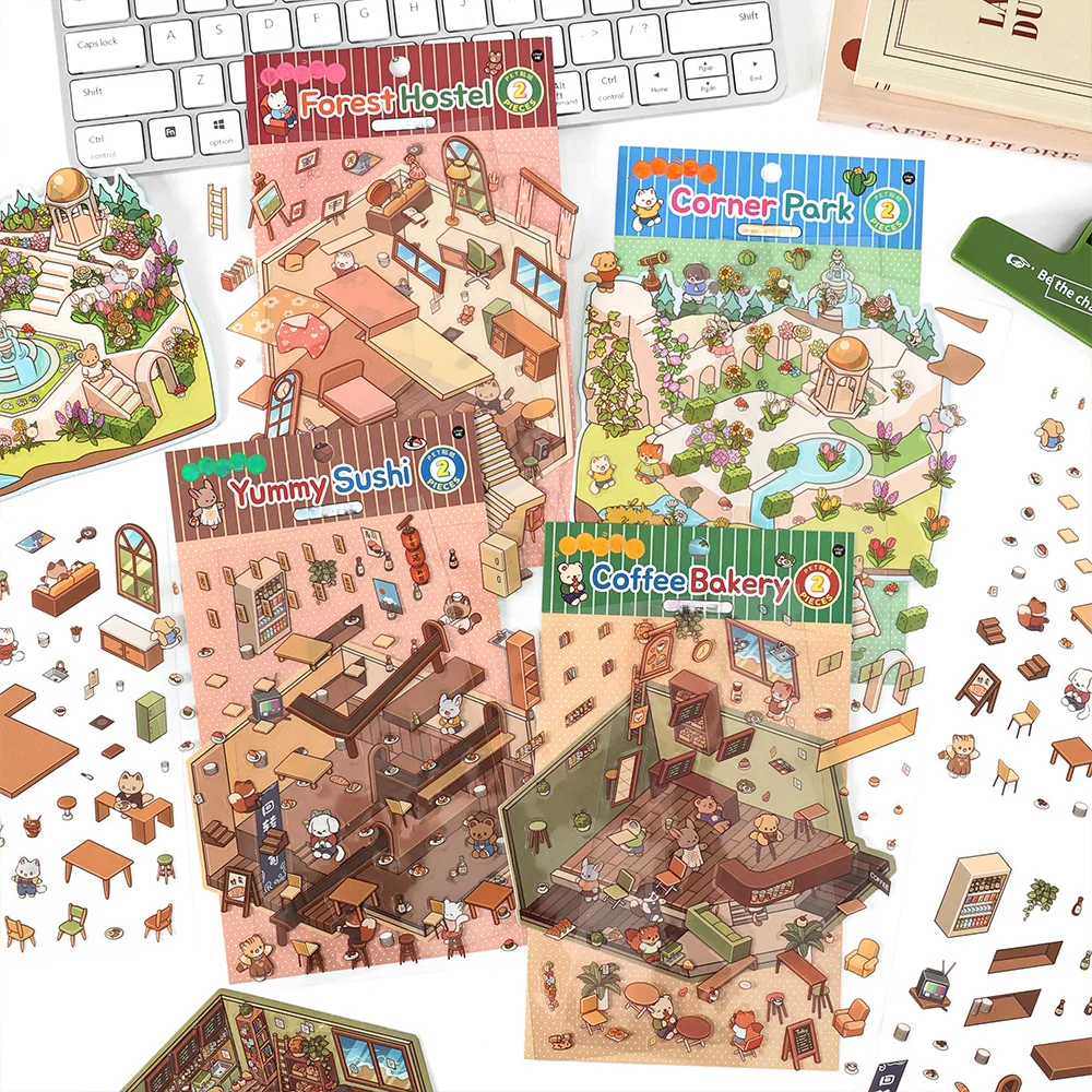 Mr. Paper, 3D Coffee Baking Sushi Restaurant Landscape Themed Sticker Pack, Creative DIY Collage, Scrapbook, Diary Stickers