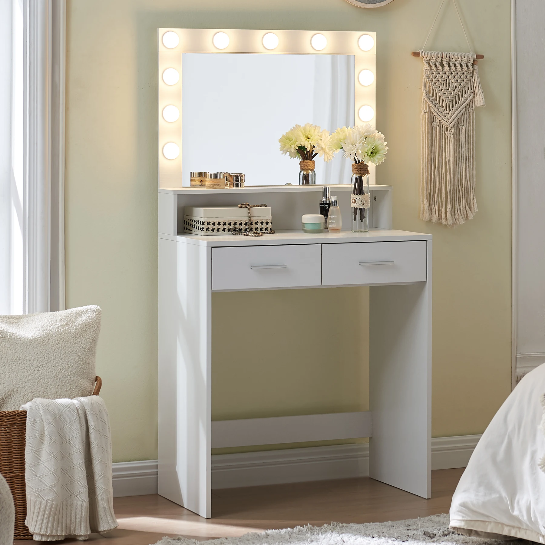 Wood Vanity Desk Mirror Lights Dressing Table Large Drawer 2 Level Storage Dresser 3 Lighting Modes Adjustable Brightness