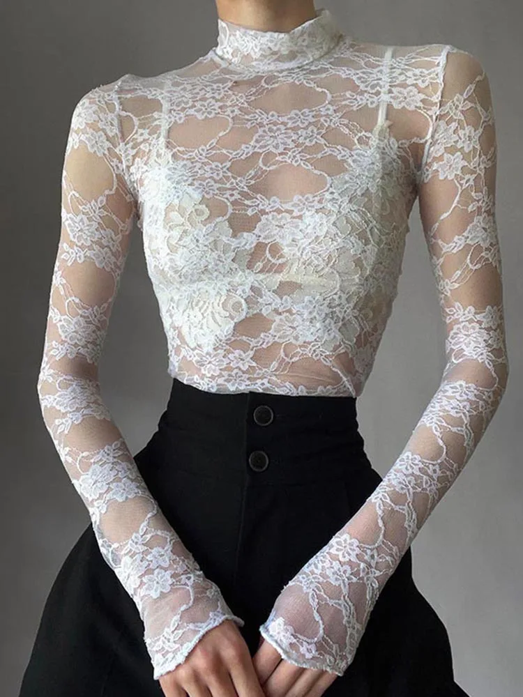 Transparent Lace Crop Top Women Elegant Sexy Solid White Long Sleeve Slim T-shirt Korean Fashion Shirts y2k Aesthetic Tee