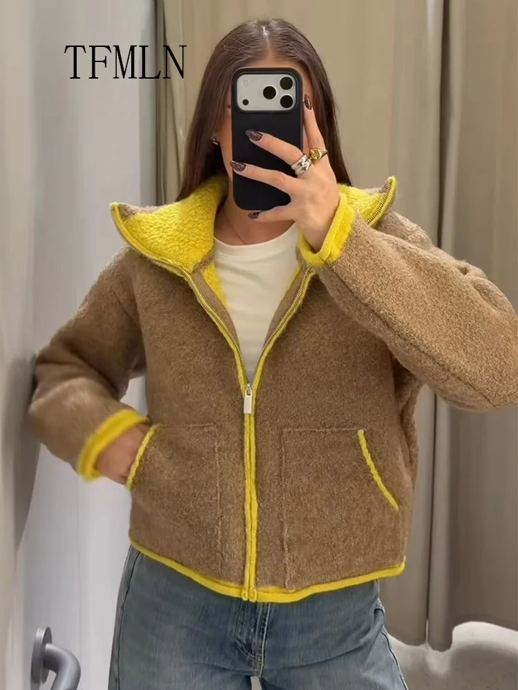 Modny damski sweter dziergany 2025 jesień zima szykowny casualowy z kieszeniami na zamek ciepły kardigan retro luźny stójka