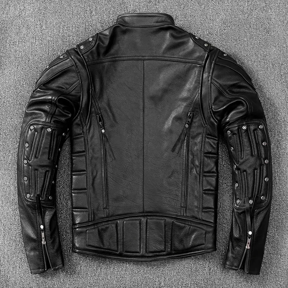 Men's Genuine Leather Motorcycle Jacket Natural Top Layer Calfskin Biker Autumn Stand Collar Short