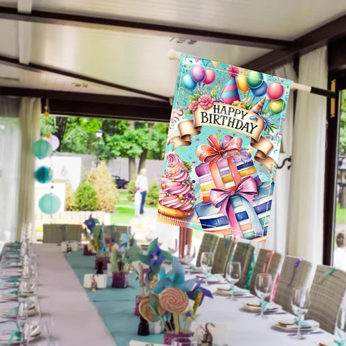 Happy Birthday House Flag 28X40 Inch Double Sided Cupcake Colorful Balloon Large 7445022457426 AAV hhz