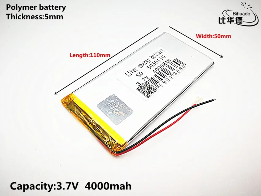 Batería de energía de litio de 3,7 V de buena calidad, 4000mAH, 5050110 polímero de iones de litio/Li-ion para banco de tableta pc, GPS,mp3,mp4, 2 uds.