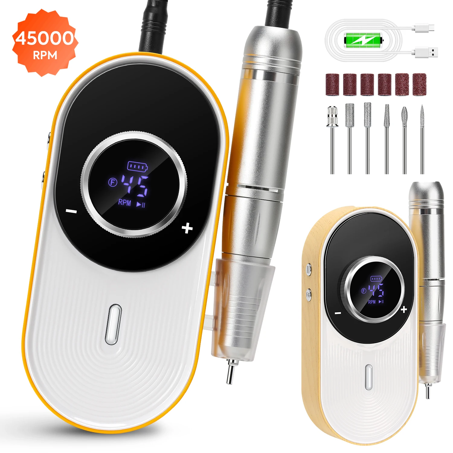 Taladro de uñas eléctrico recargable: 45000 RPM, batería de 8 horas, pantalla LCD HD: limado y eliminación de uñas profesionales de grado salón