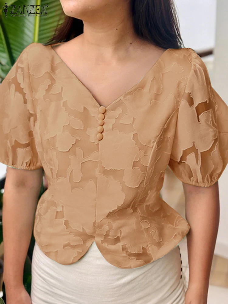 

2025 ZANZEA Elegant Women Lace Blouse Sexy Tunic Tops Summer Short Puff Sleeve V-Neck Casual Shirts Solid Color Office OL Blusas