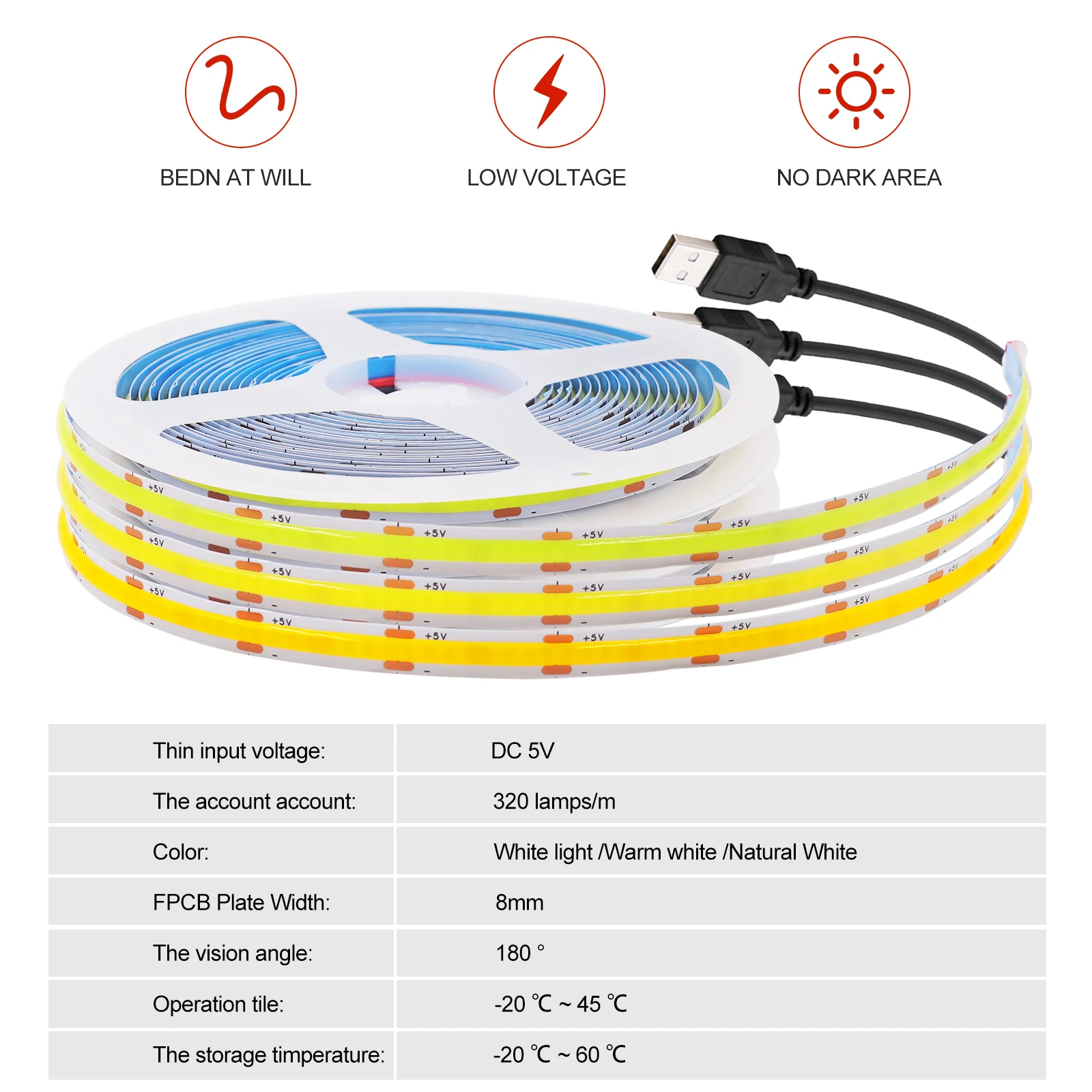 DC 5V USB COB LED Strip Red Ice Blue Green Pink Yellow Warm White Light 320LEDs/m Flexible Tape TV Backlights Home Decor 0.5m-5m