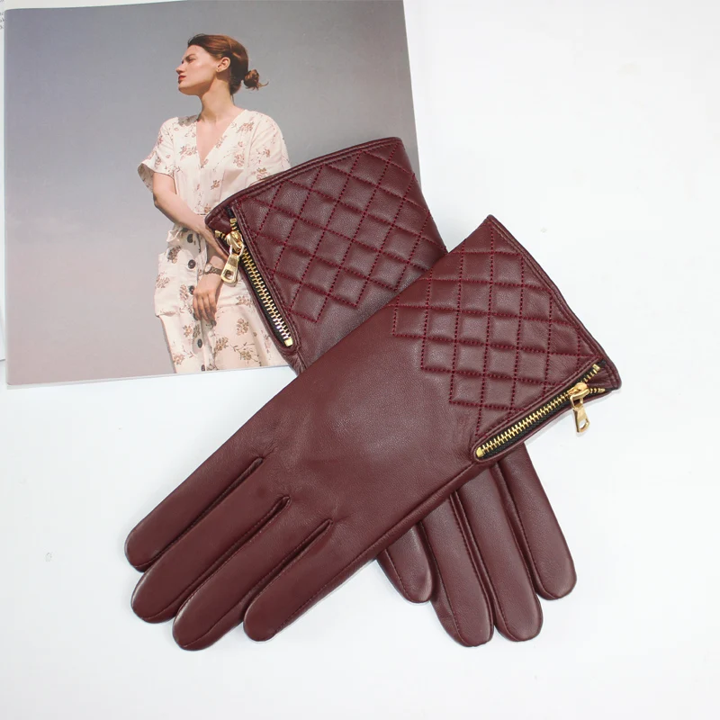 New Ladies Sheepskin Gloves Fashion Embroidered Zipper Style Touch Screen Winter Warm Thick Velvet Autumn Leather Driving Gloves