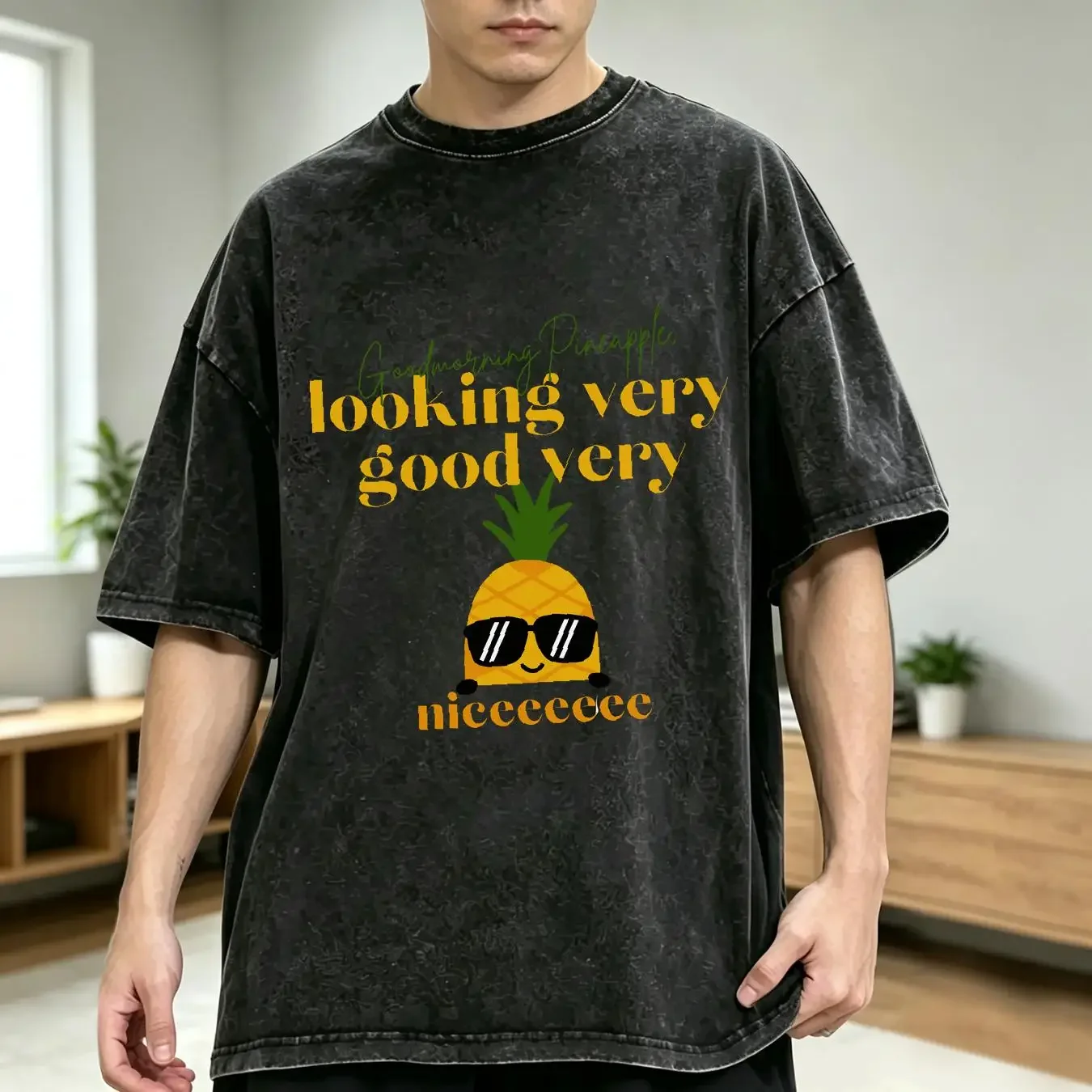 washed T Shirt Good Morning Pineapple Meme Viral Funny Lover Humorous Apparel Quirky long or short sleeves vintage Washed