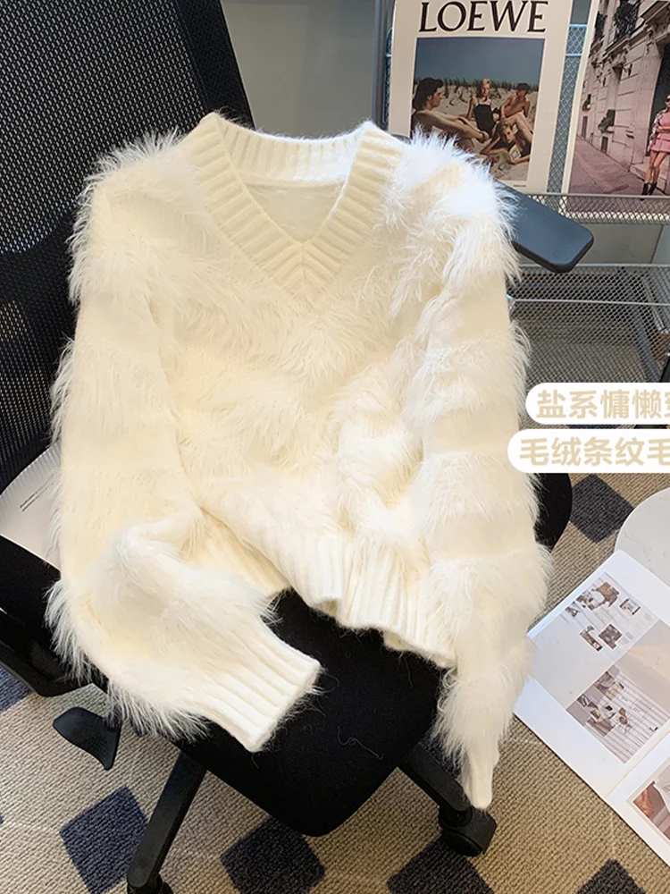 Autumn Winter Woman Thick Vintage Fluffy V-neck Pullovers Sweater Long Sleeve Knitwears 2000s Aesthetic Korean Fashion Mohair