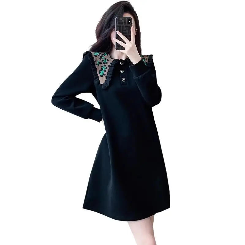 Fashion Sailor Collar Dresses Female Autumn Winter New Fleece Casual Dresses Loose Sweatshirts Dress Women Clothes Midi Dress