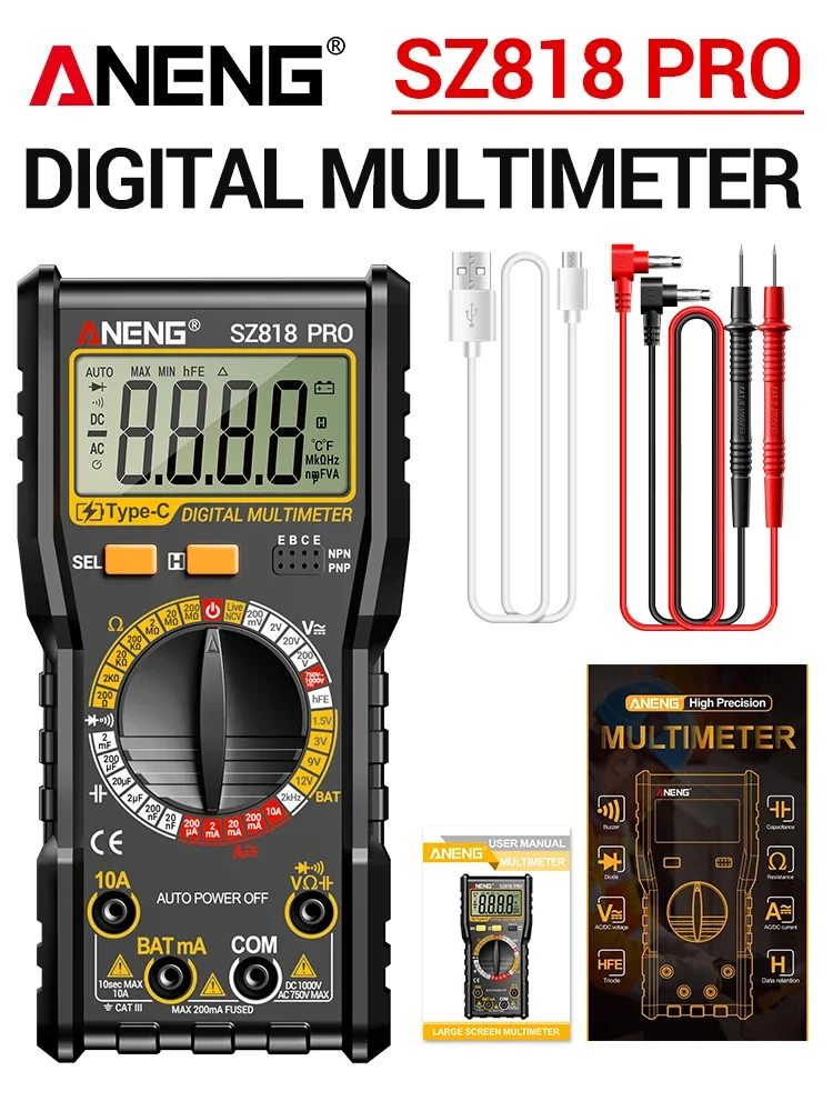 ANENG Digitale Multimeters Oplaadbare SZ818 Professionele AC/DC Spanningsmeter NCV Ampèremeter Voltmeter HFE Triode Condensator Testgereedschap
